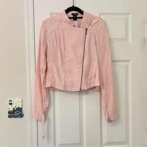 Stoosh Asymmetrical Cropped Long Sleeve Biker Jacket with Lace Detail